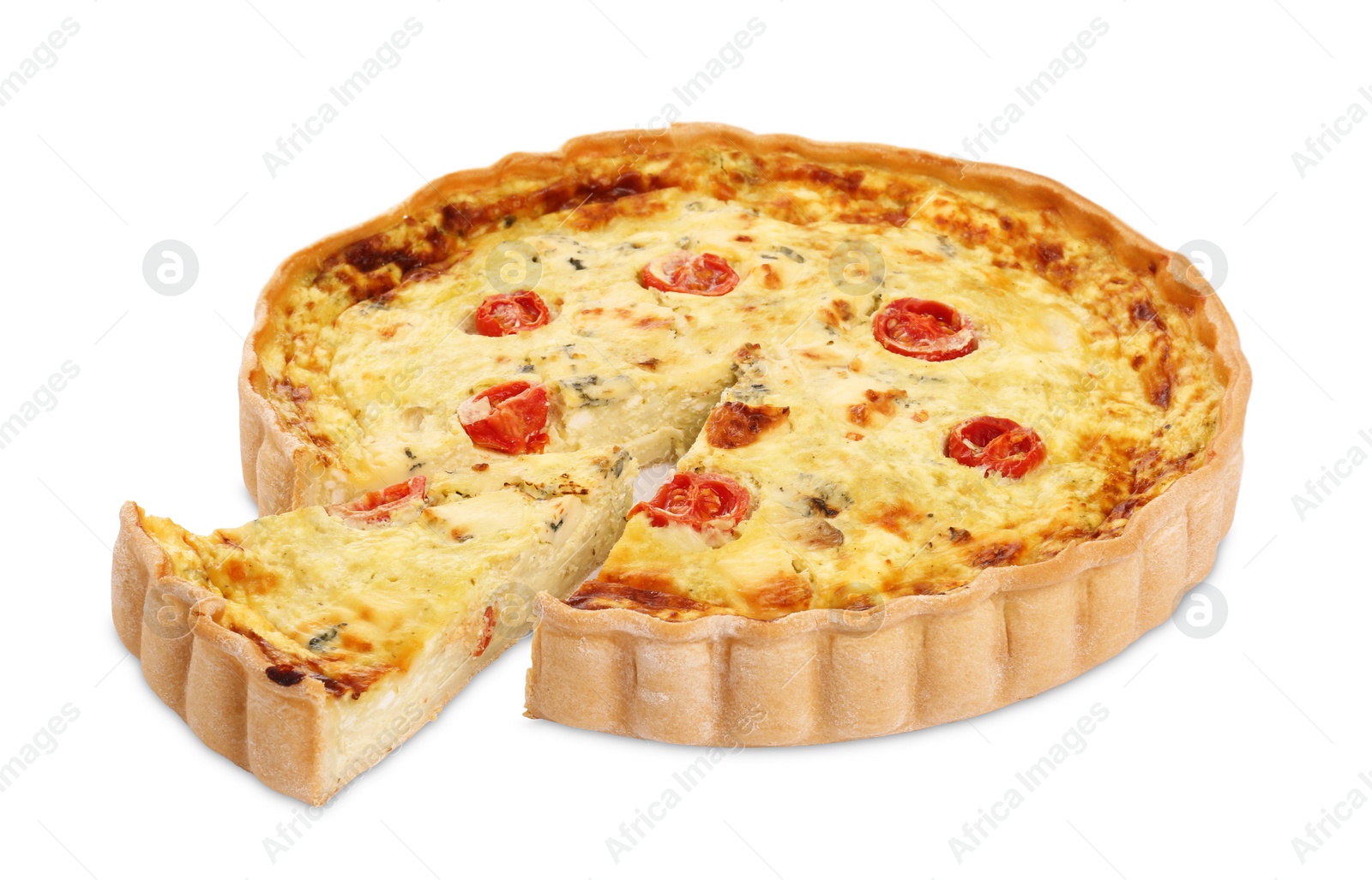 Photo of Delicious homemade cheese quiche isolated on white