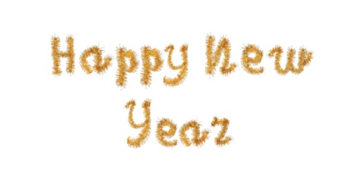 Image of Phrase Happy New Year made of shiny golden tinsels on white background, banner design