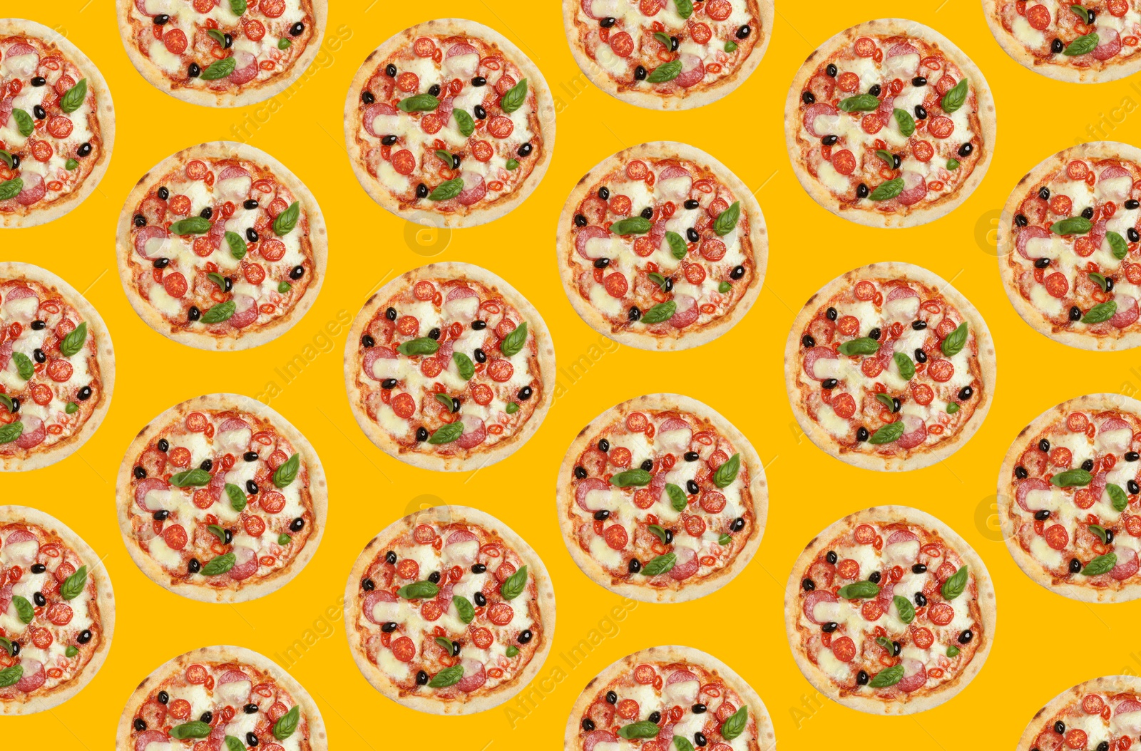 Image of Meat pizza pattern design on yellow background