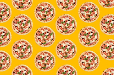 Image of Meat pizza pattern design on yellow background