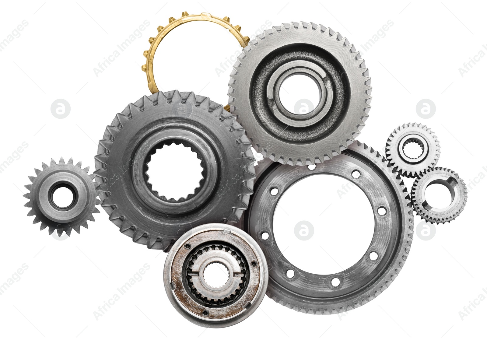 Image of Set with different stainless steel gears on white background, top view