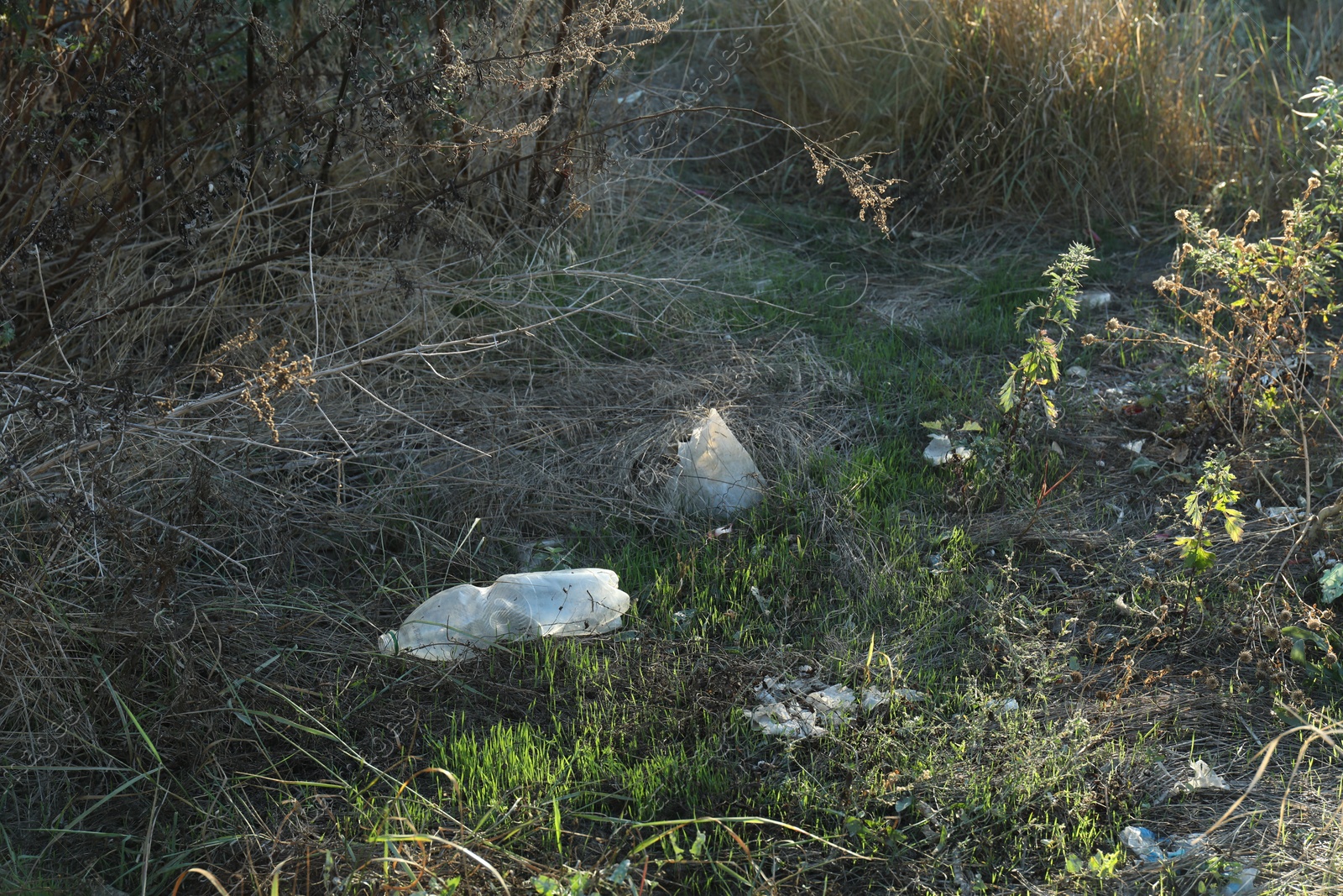 Photo of Different plastic garbage outdoors. Environmental pollution concept