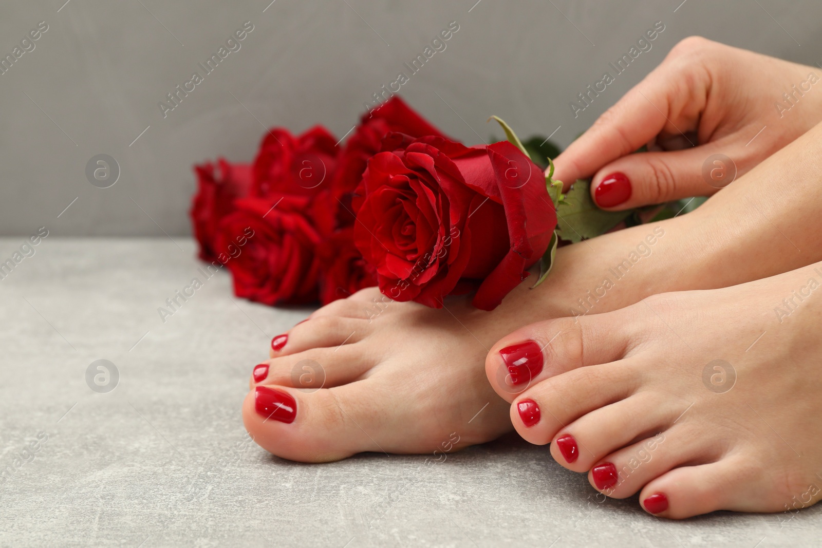 Photo of Woman with stylish red toenails after pedicure procedure and rose flowers on grey textured floor, closeup. Space for text