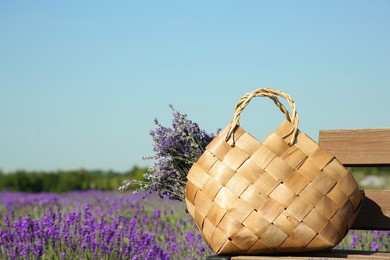 Photo of Wicker bag with beautiful lavender flowers on wooden bench in field, space for text