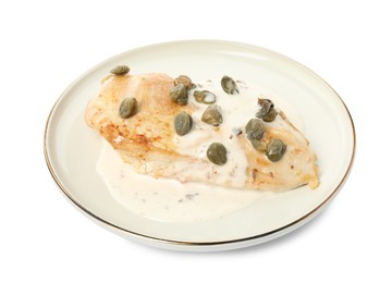 Delicious chicken fillet with capers and sauce isolated on white