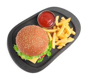 Delicious burger with beef patty, tomato sauce and french fries isolated on white, top view