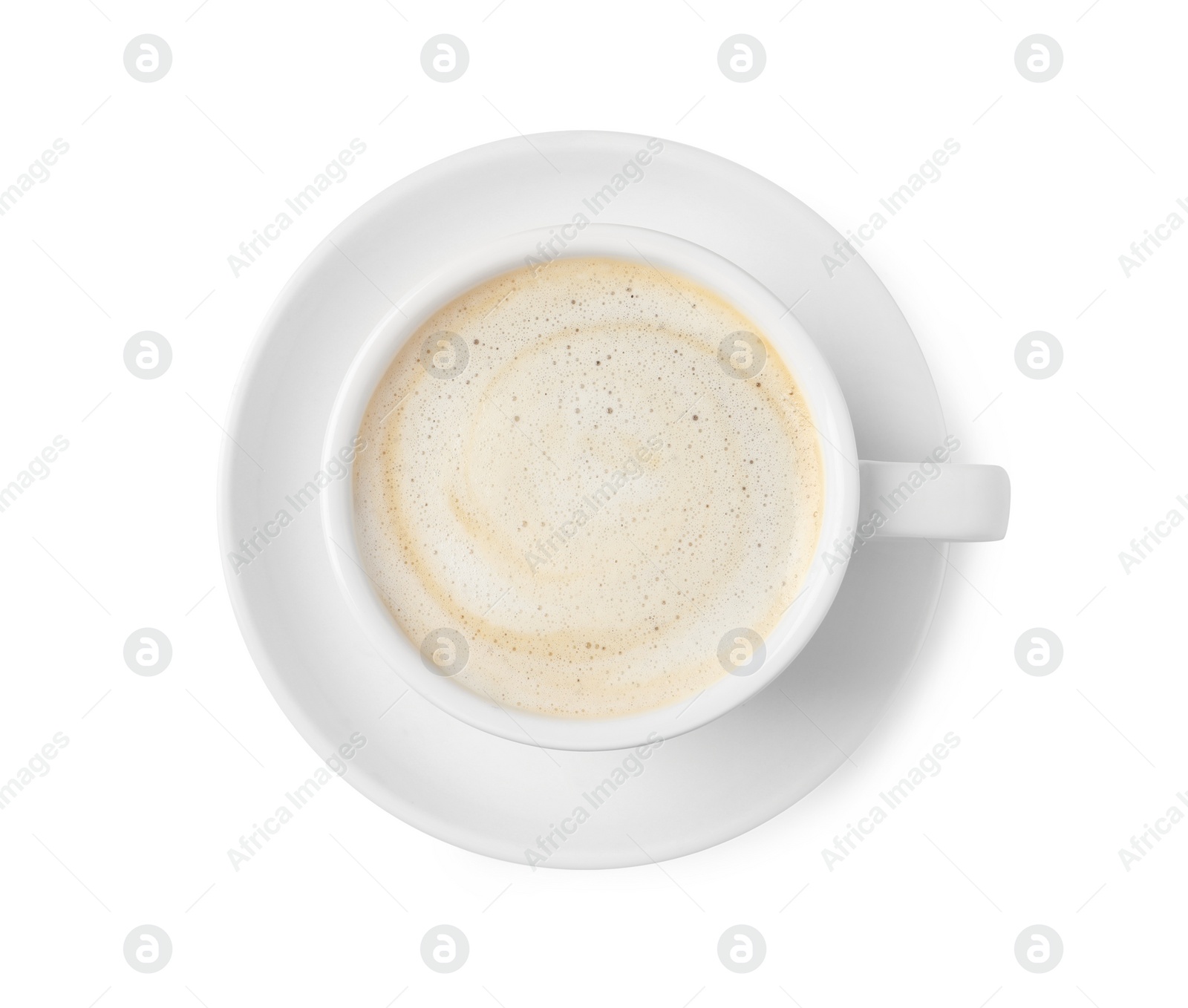 Photo of Tasty cappuccino in coffee cup isolated on white, top view