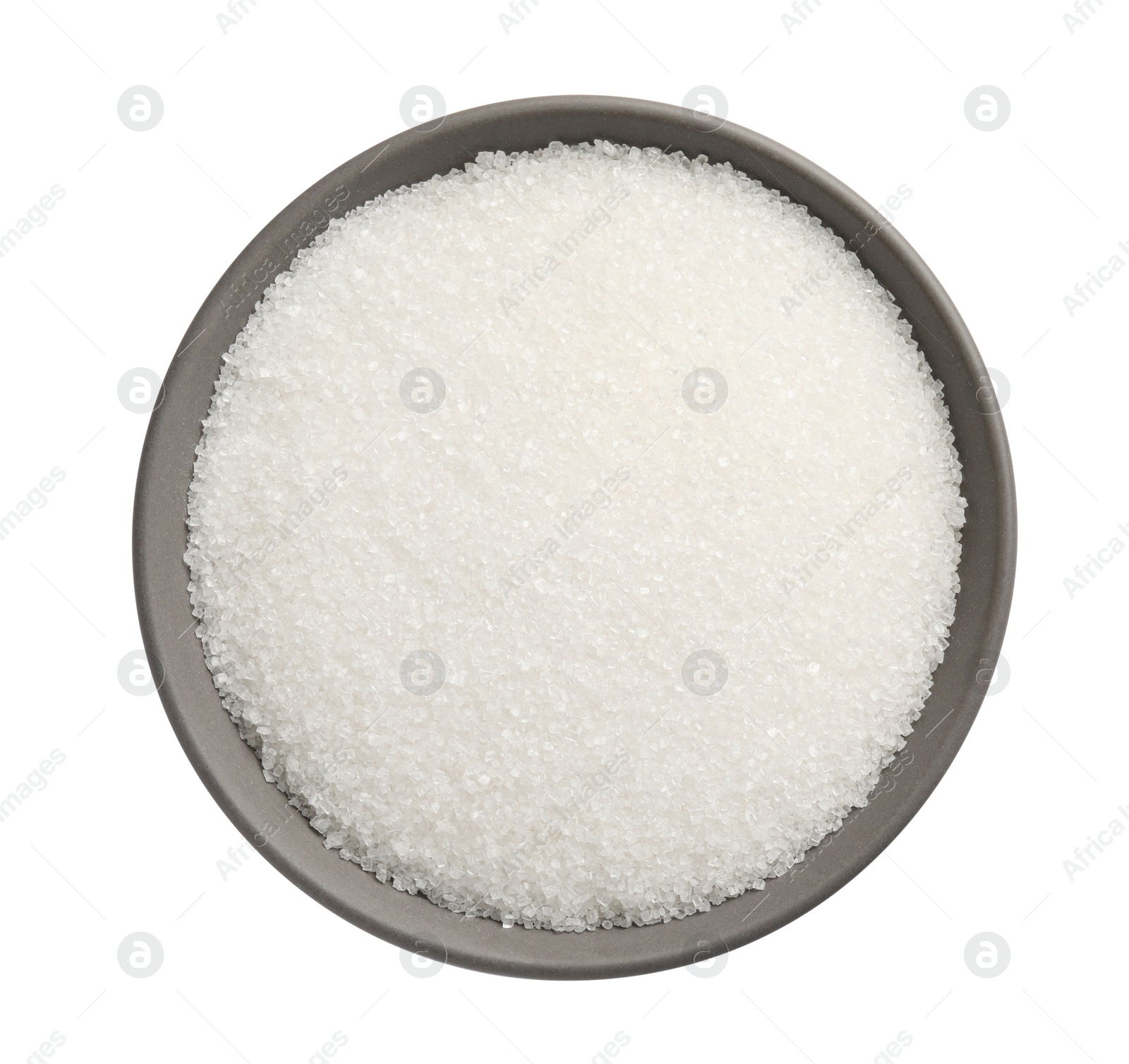 Photo of Granulated sugar in bowl isolated on white, top view