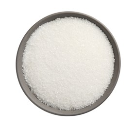 Photo of Granulated sugar in bowl isolated on white, top view