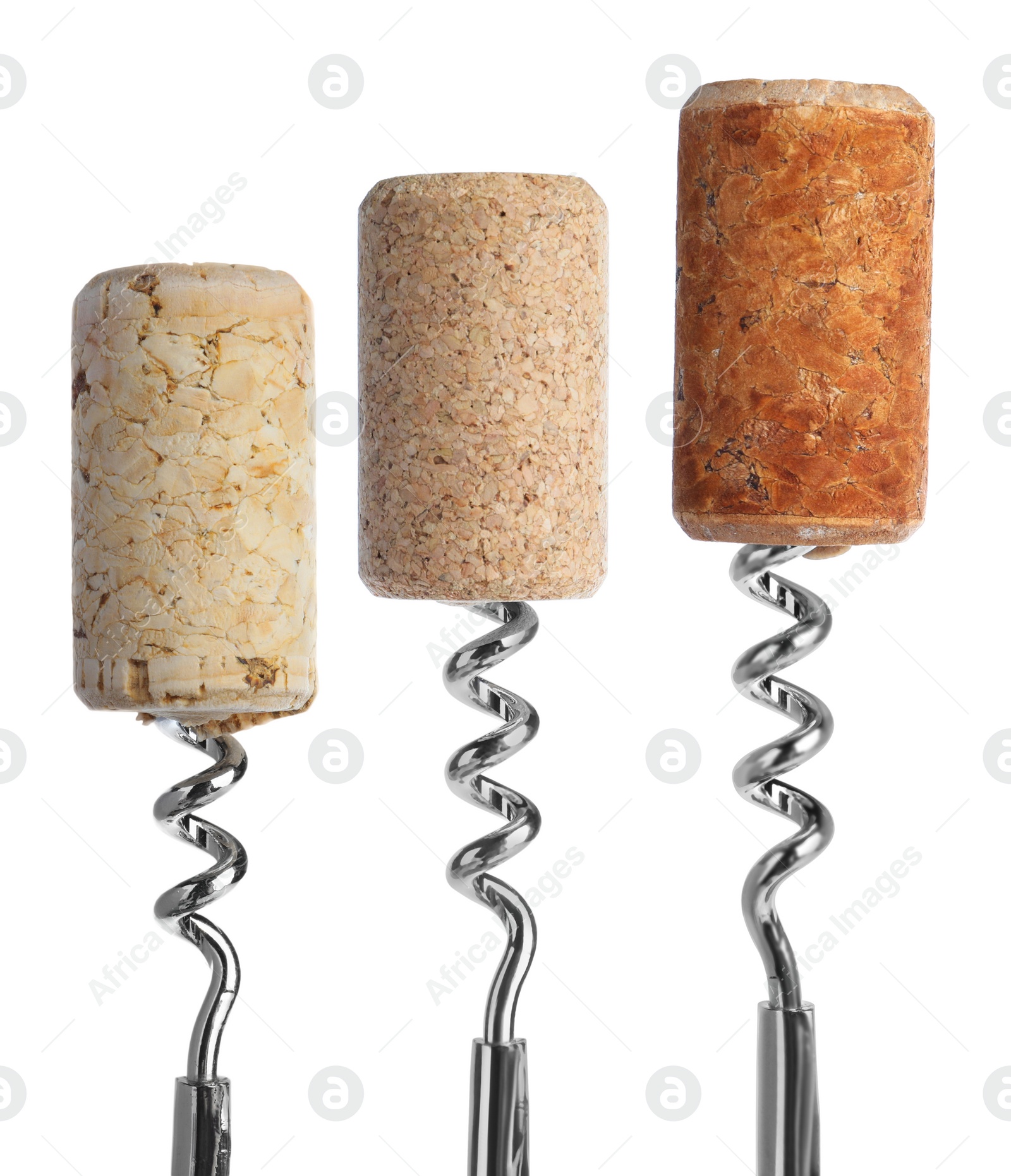 Image of Corkscrews with wine corks on white background