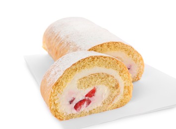 Photo of Delicious sponge cake roll with strawberries and cream on white background