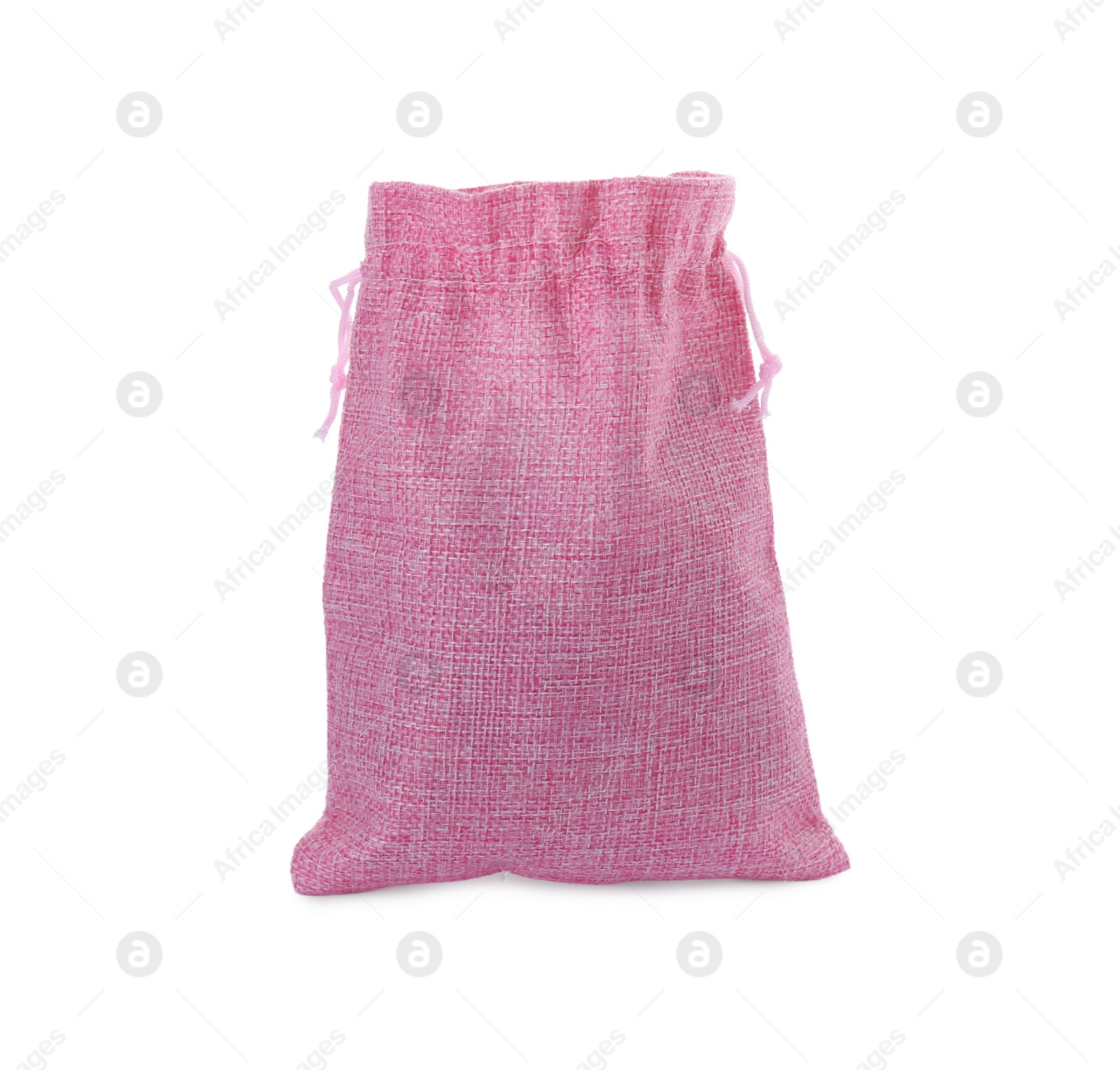 Photo of One pink burlap bag isolated on white