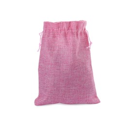 Photo of One pink burlap bag isolated on white