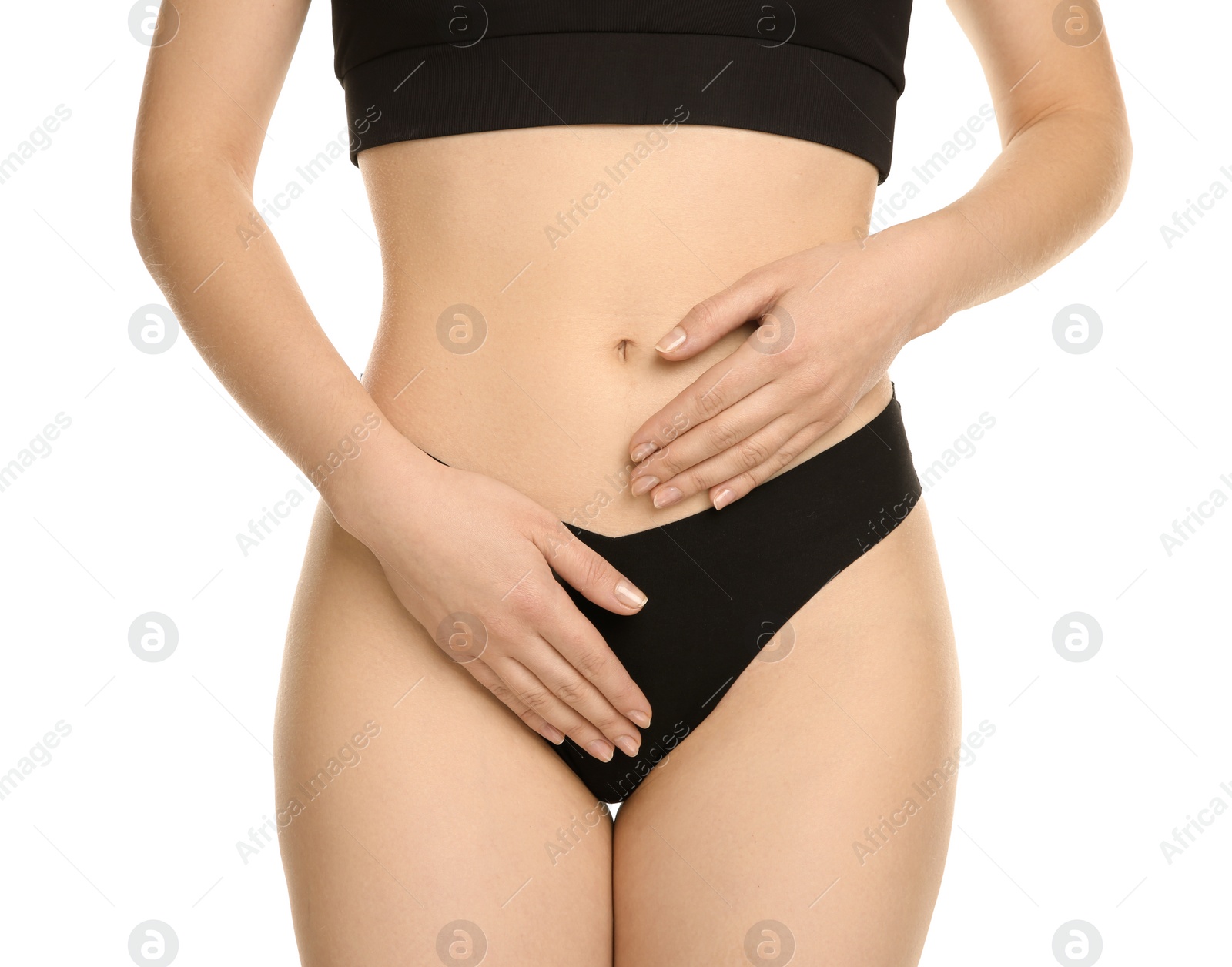 Photo of Gynecology. Woman in underwear on white background, closeup