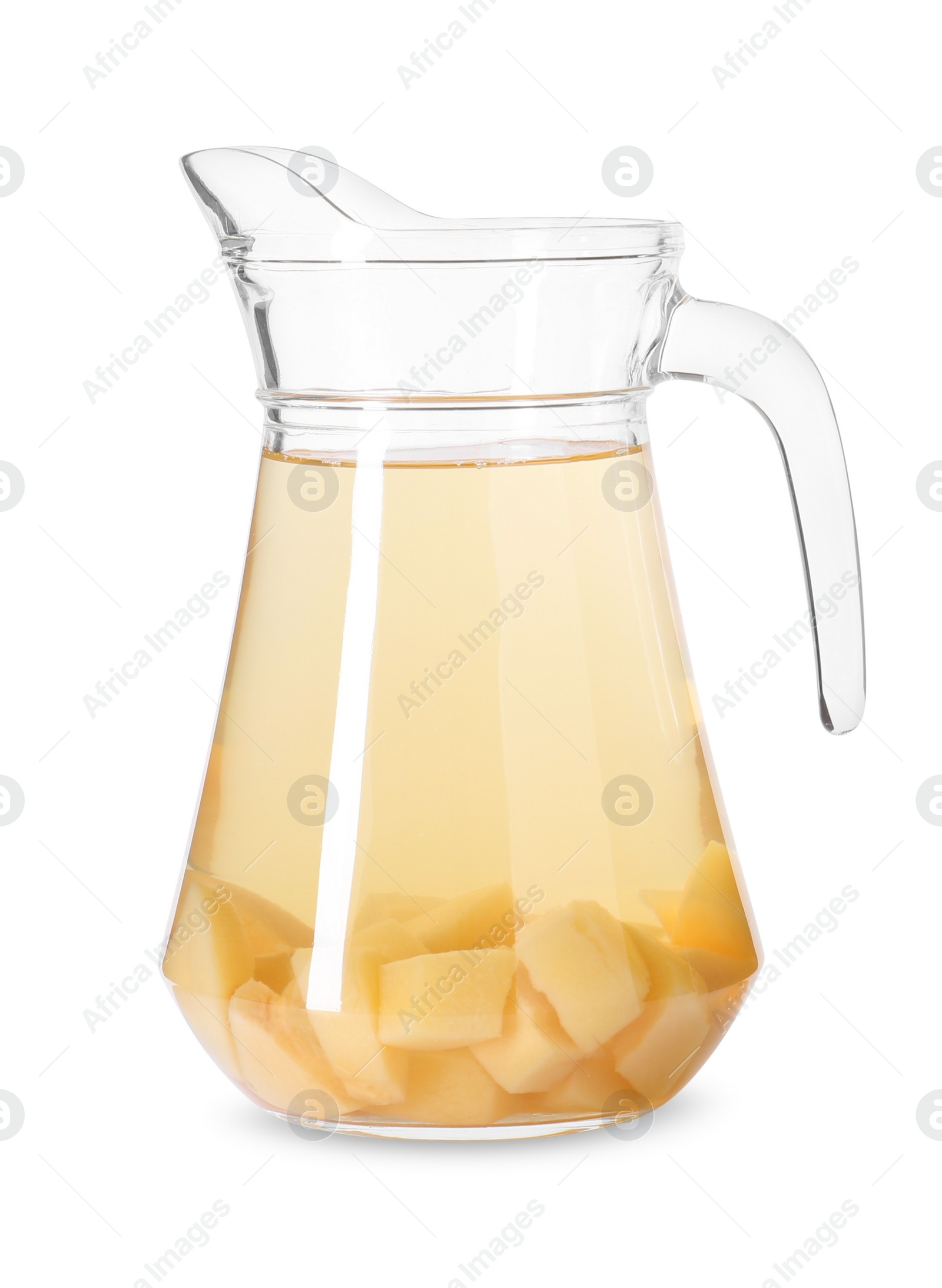 Photo of Delicious quince drink in glass jug isolated on white