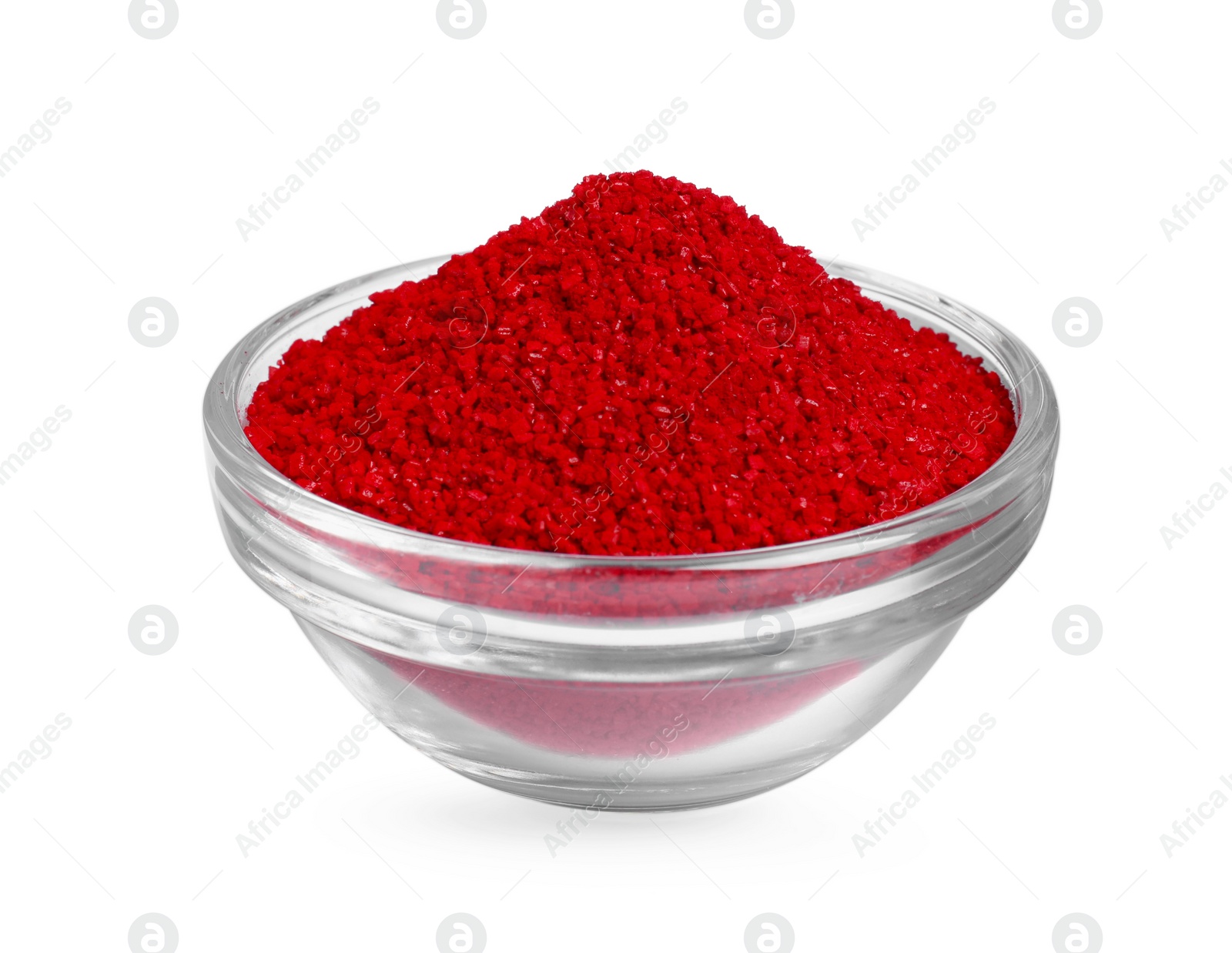 Photo of Glass bowl with red food coloring isolated on white