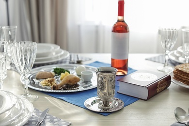 Photo of Table served for Passover (Pesach) Seder indoors