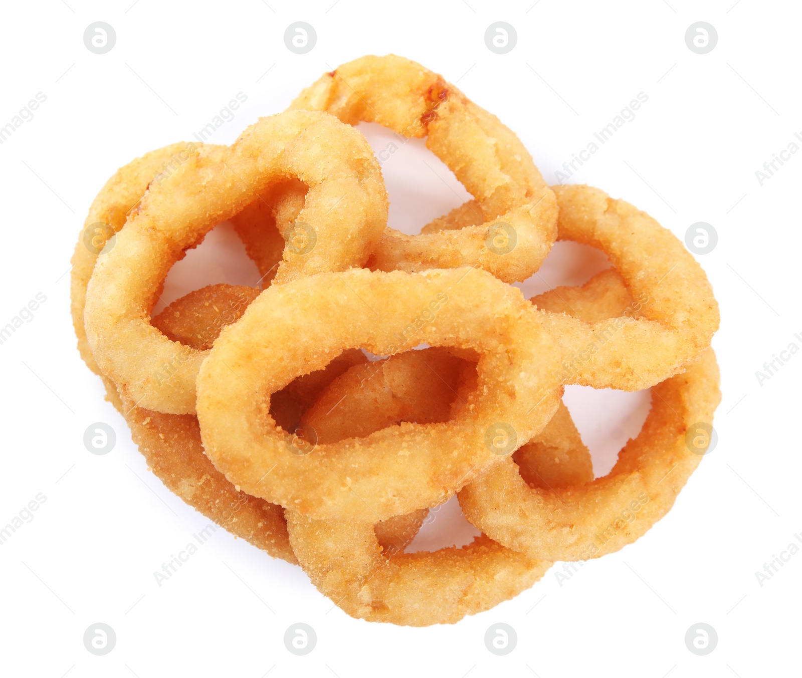 Photo of Delicious onion rings isolated on white, top view