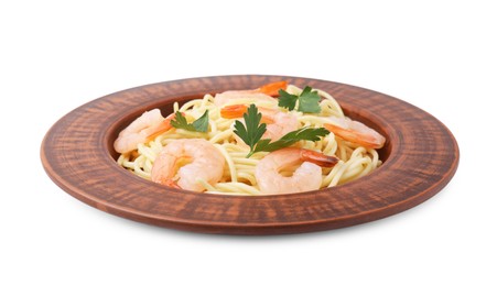 Photo of Tasty spaghetti with shrimps and parsley isolated on white