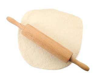 Photo of Raw dough and rolling pin isolated on white, top view