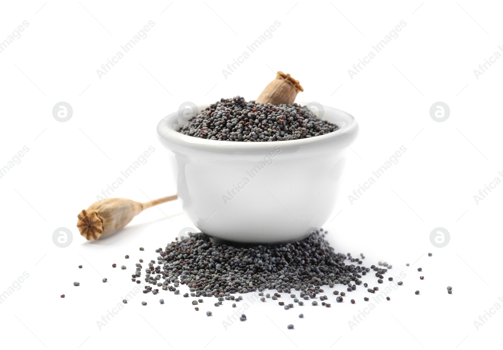 Photo of Bowl with poppy seeds on white background