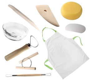 Image of Set of pottery tools, apron and glass bowl on white background