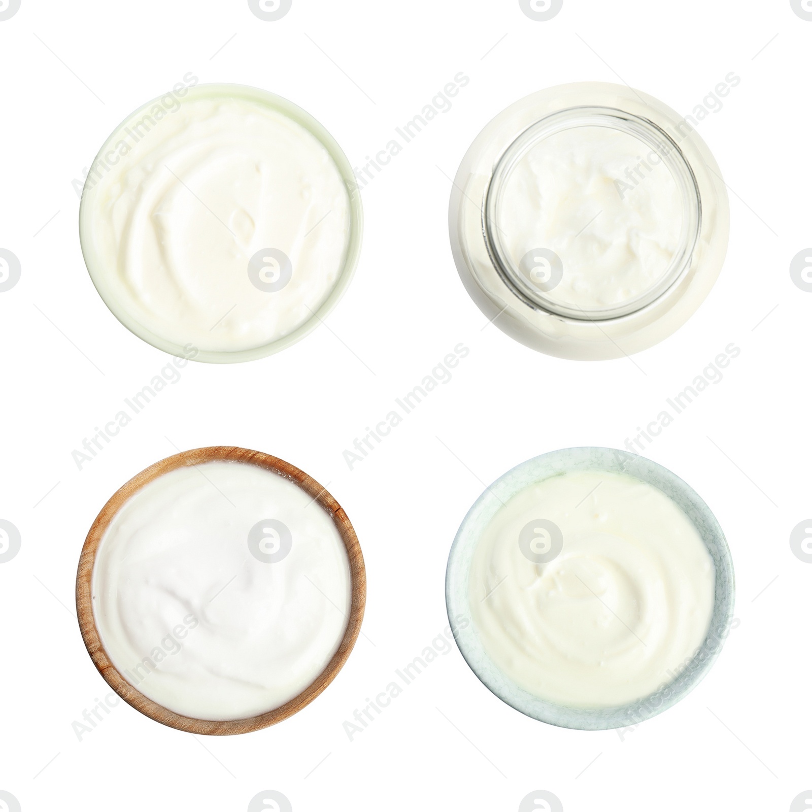 Image of Set of delicious natural yogurt on white background, top view
