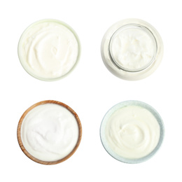 Set of delicious natural yogurt on white background, top view