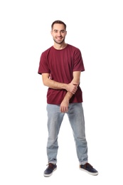 Full length portrait of handsome man posing on white background