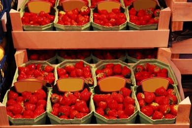 Photo of Many fresh strawberries in containers at wholesale market