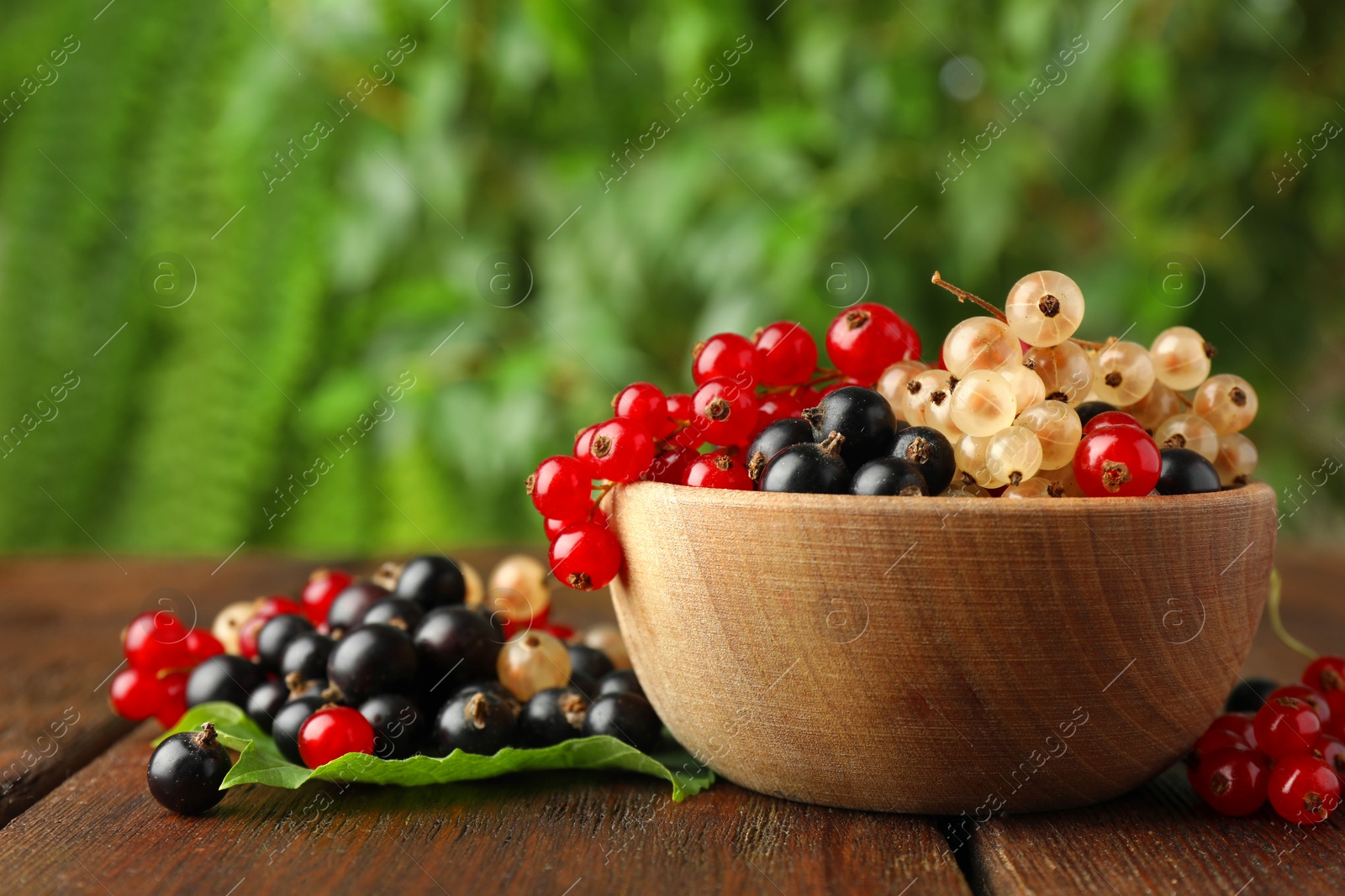 Photo of Different fresh ripe currants and green leaf on wooden table outdoors, space for text