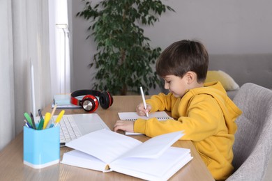 Photo of Cute little boy with modern laptop studying online at home. E-learning