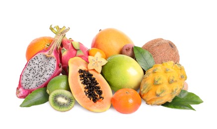 Pile of different exotic fruits on white background