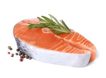 Photo of Fresh raw salmon steak with rosemary and peppercorns on white background