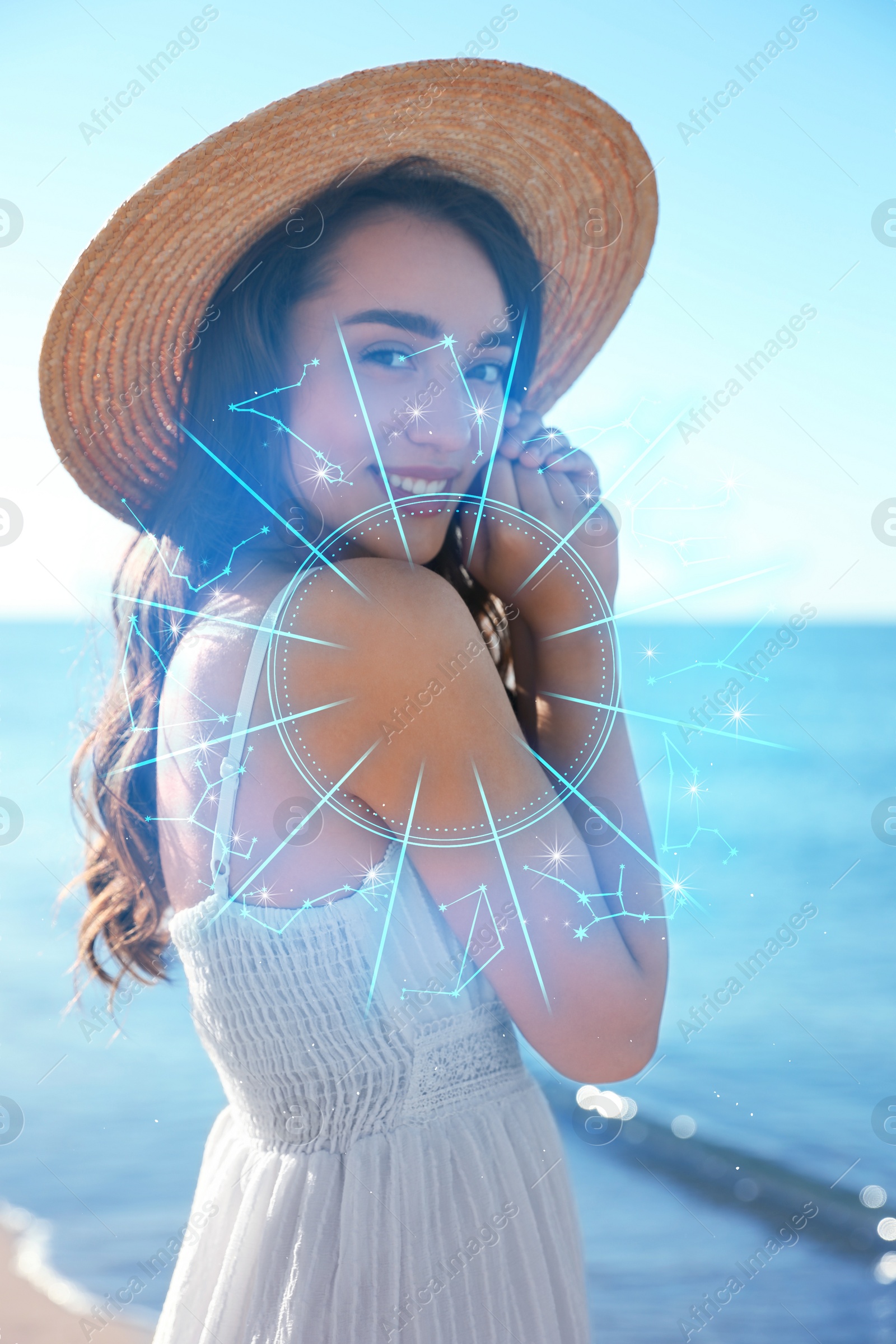 Image of Beautiful young woman near sea and zodiac wheel illustration