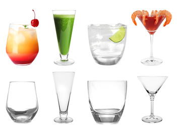 Image of Collage with full and empty glasses on white background