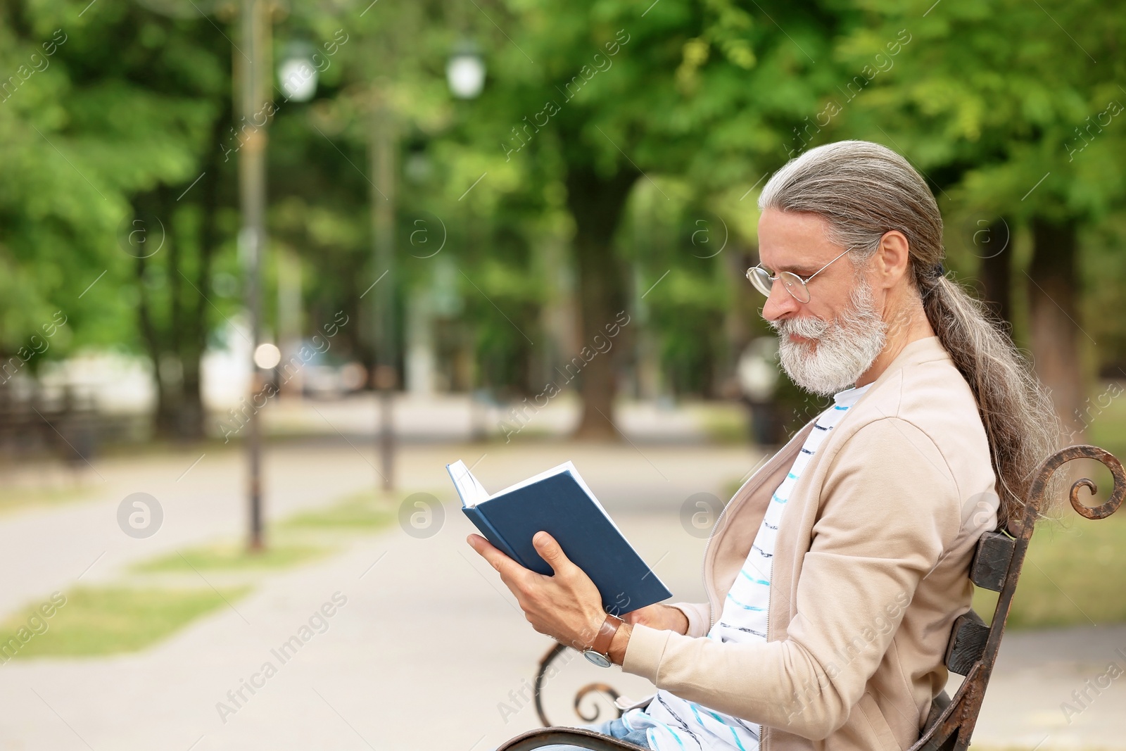 Photo of Handsome mature man reading book on bench in green park