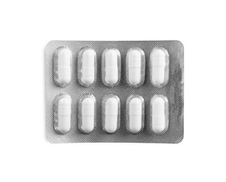 Blister of pills on white background, top view