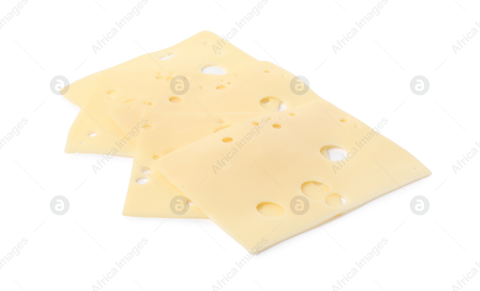 Photo of Slices of tasty fresh cheese isolated on white