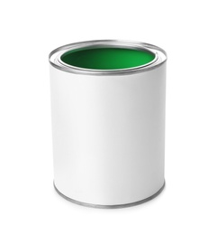 Open paint can on white background. Mockup for design