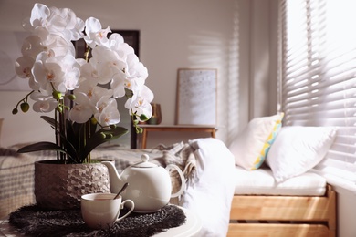 Beautiful white orchids and tea set on table in room, space for text