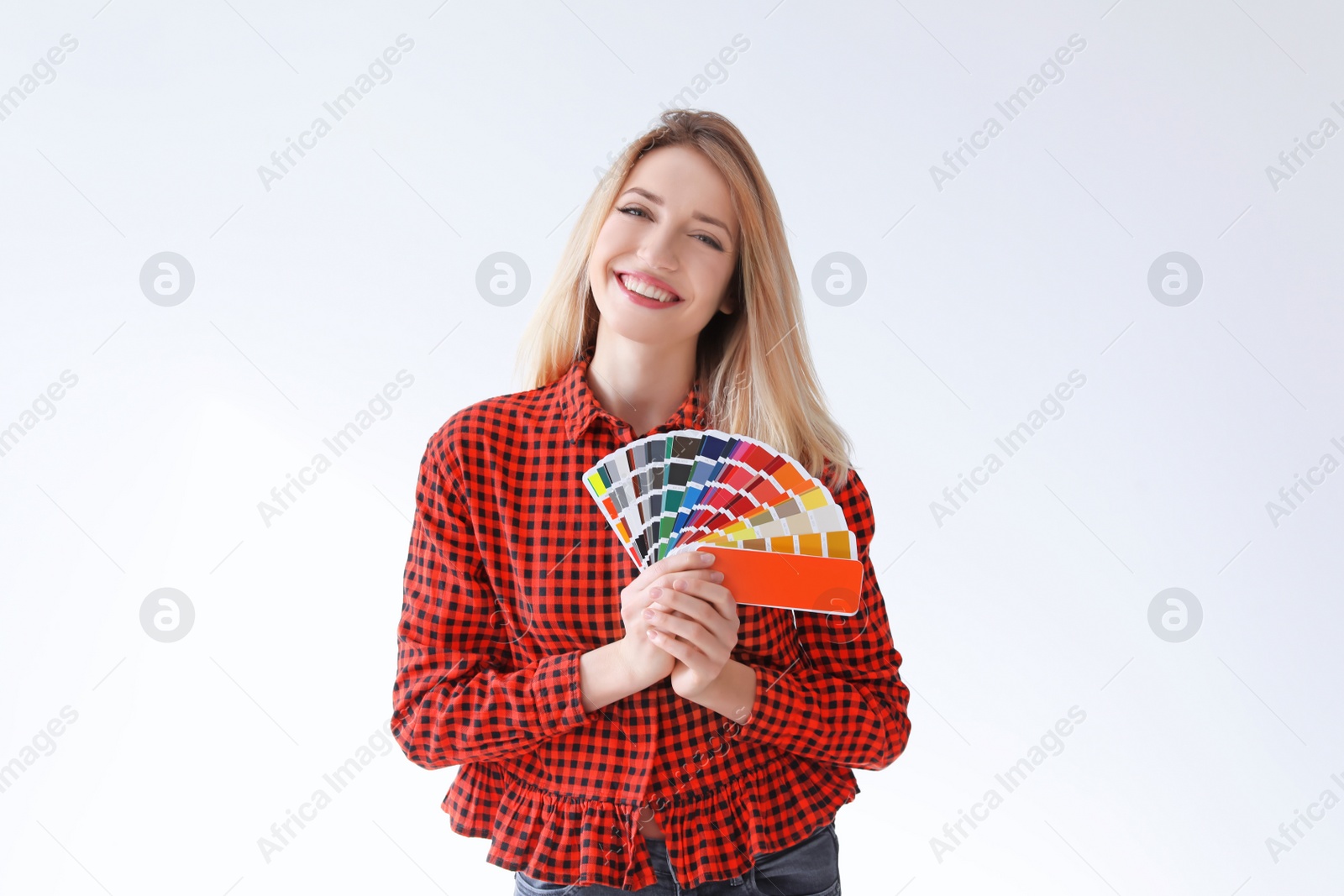 Photo of Young woman with color palette on white background