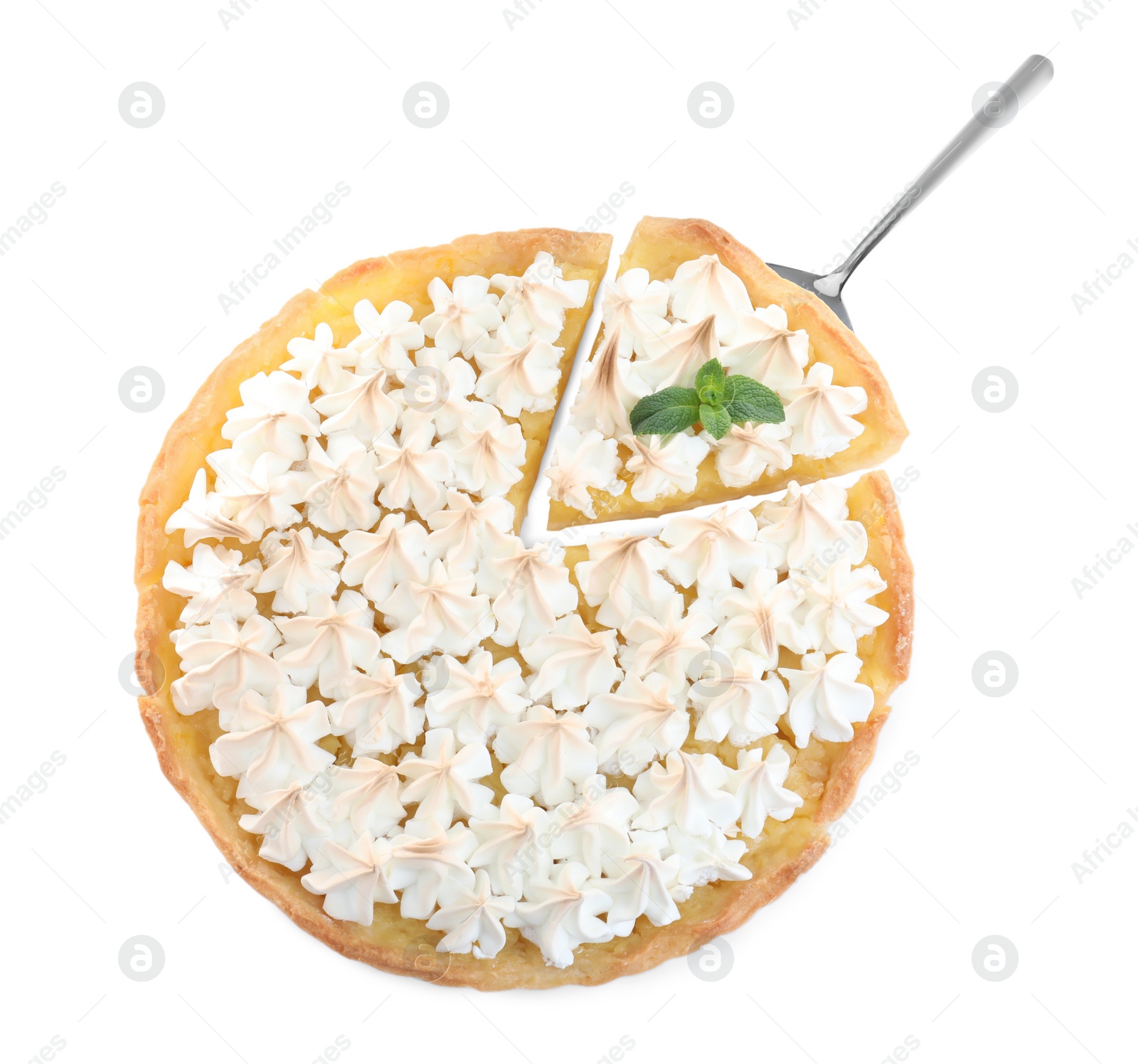 Photo of Cut delicious lemon meringue pie with shovel isolated on white, top view