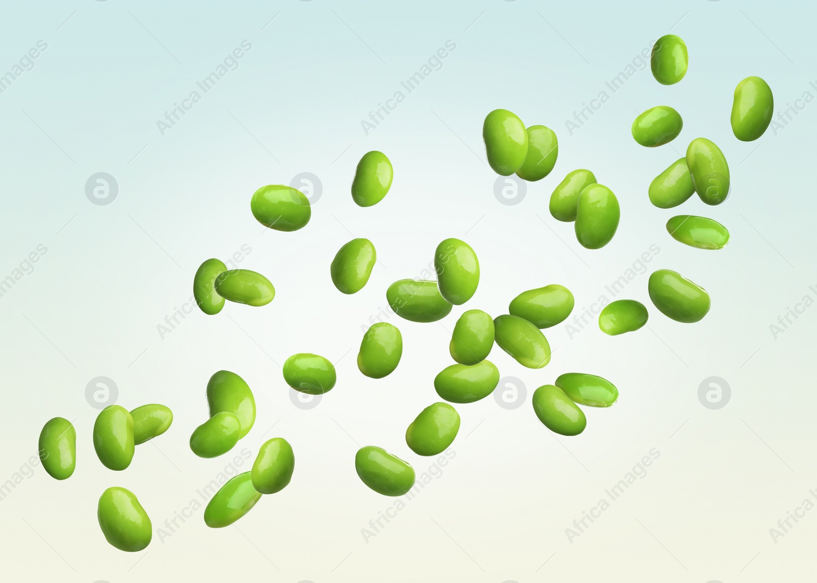 Image of Delicious edamame soybeans flying on color background