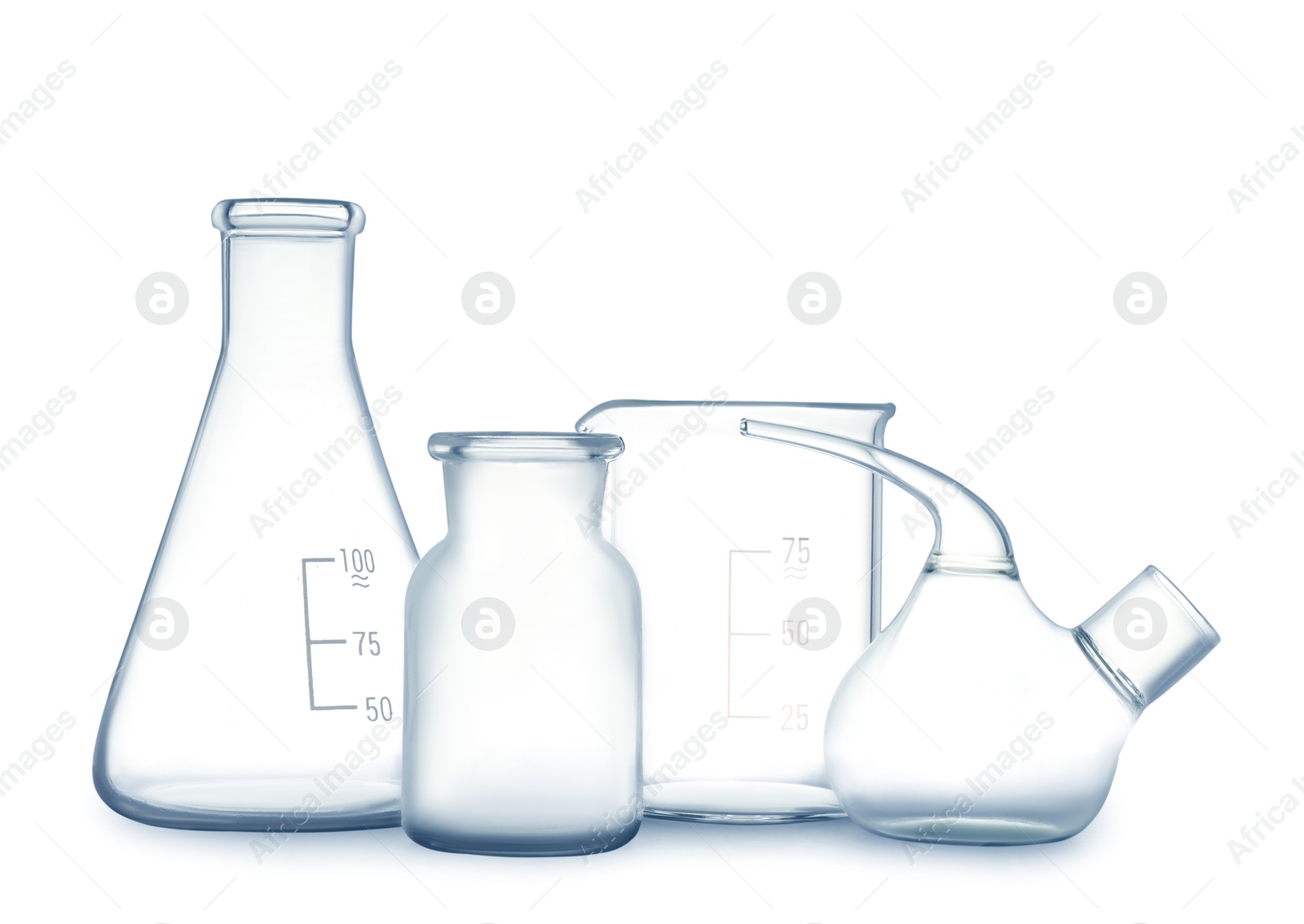 Photo of Empty clean laboratory glassware on white background