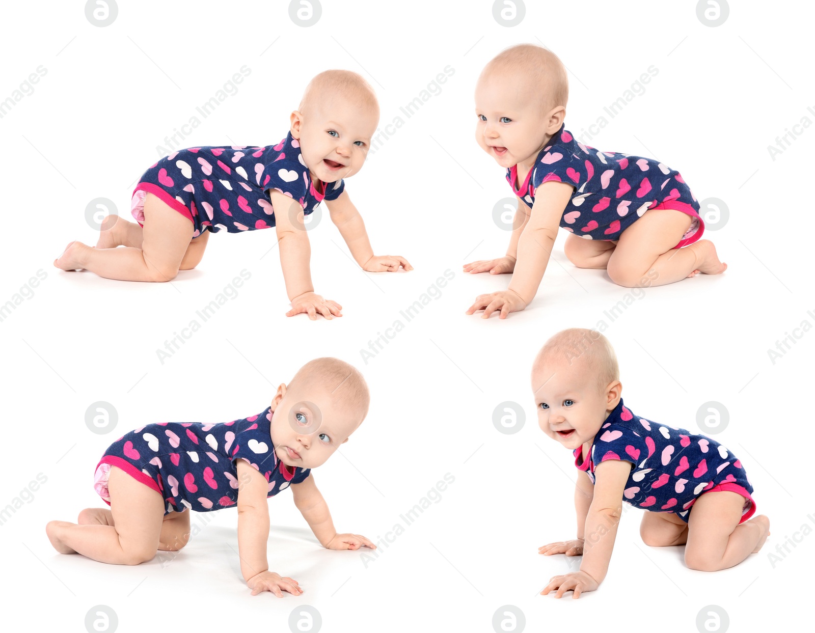 Image of Collage with photos cute little baby crawling on white background