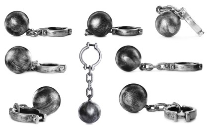 Image of Set with metal balls and chains on white background 