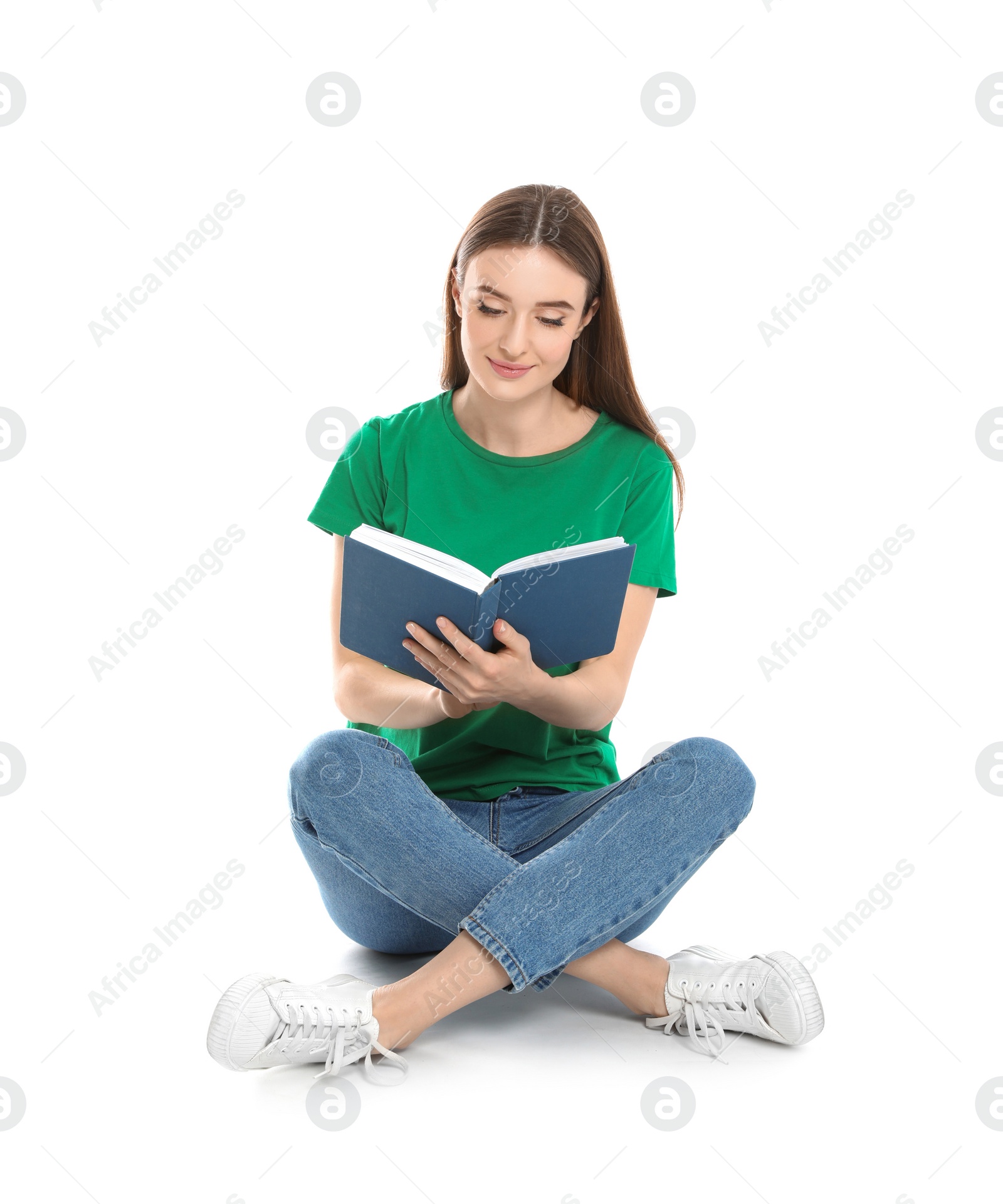 Photo of Young woman reading book on white background