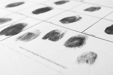 Photo of Police form with fingerprints, closeup. Forensic examination