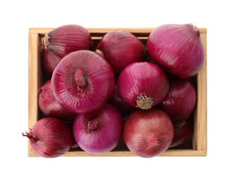 Ripe red onions in wooden crate isolated on white, top view